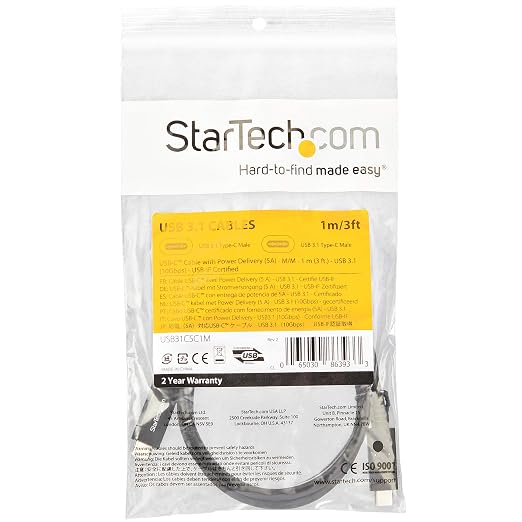 StarTech 3.3ft (1m) USB-C Cable 10Gbps 60W (3A) PD 8K 60Hz / 4K 144Hz USB-IF Certified Thunderbolt Compatible | USB-C to USB-C Thunderbolt 3 Compatible Reversible Connectors Sync and Back Up