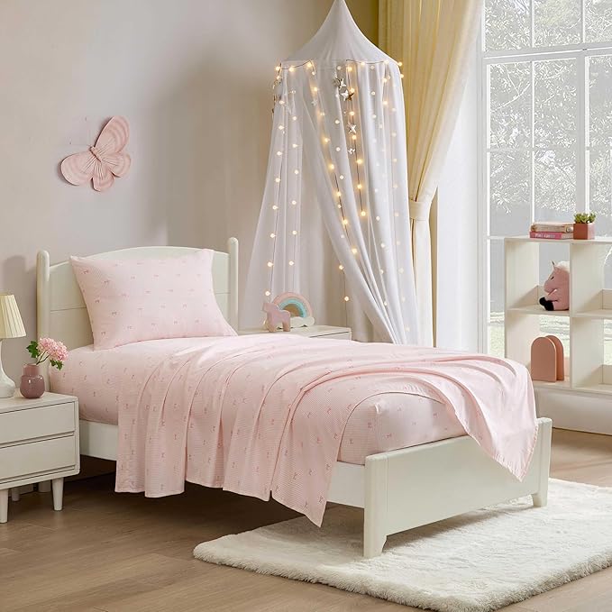 Laura Ashley Kids - Queen Sheet Set, Soft & Wrinkle-Resistant Toddler Bedding Set, Deep Pockets, Girl Bed Sheets with Matching Fitted Sheet & Pillowcases (Tiny Bows Pink)
