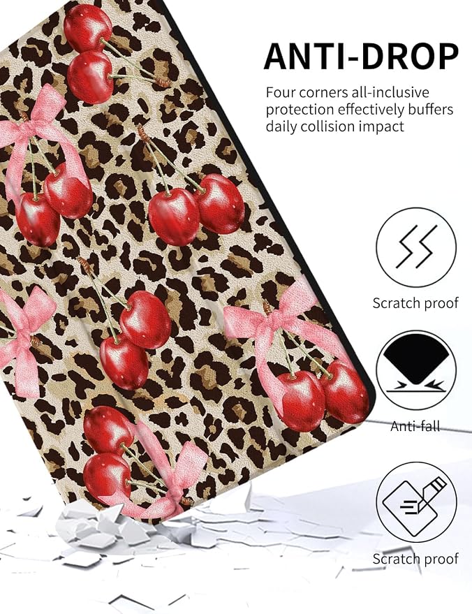 Case for iPad 9th/ 8th/ 7th Generation Case 10.2&amp10.5 Inch (2021/2020/2019 Release) Slim Lightweight Soft Trifold Back Cover with Pencil Holder &amp Auto Sleep/Wake Cover Cherries Cheetah Bows
