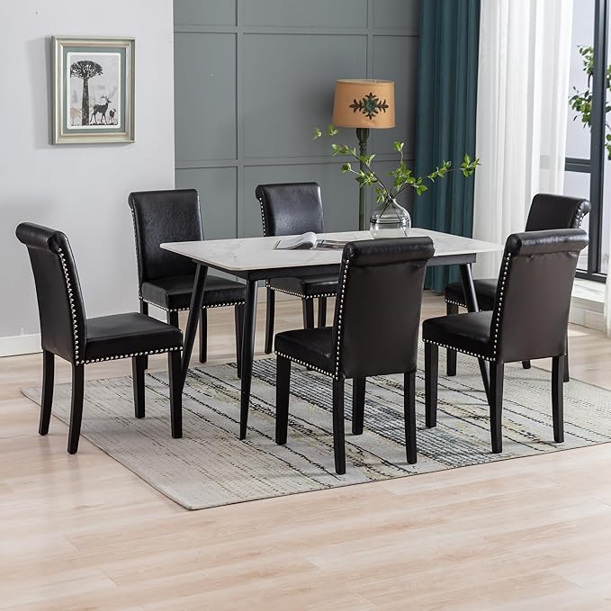 Westice Dining Room Chairs Set of 4 Upholstered PU Leather Kitchen Chairs Dining Room Side Chair with Nailhead Trim and Rubber Wood Legs for Small Space Apartment, Black