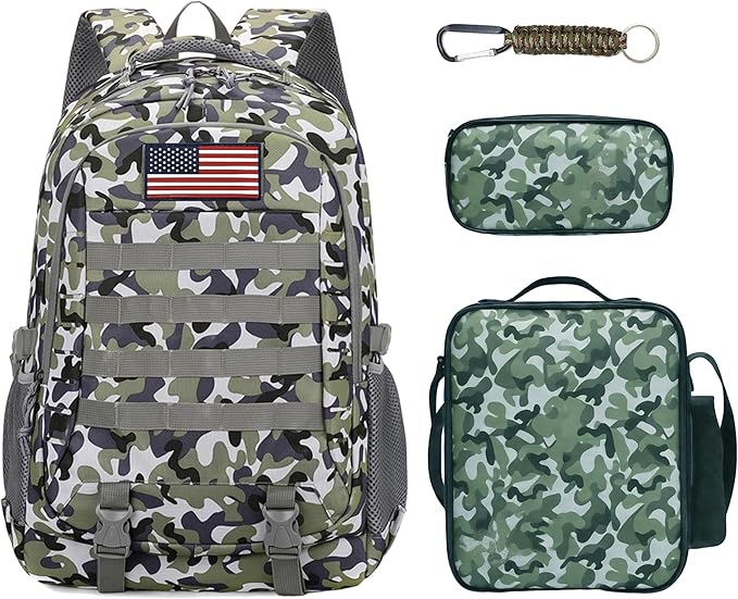 Camo Backpack for Boys 3 in 1 Set, 19 Inch 55L Tactical Bookbag with Lunch Box Pencil Case, Molle System School Backpack for Elementary Middle High School, Outdoor Camping Hiking Travel for Kids Teens