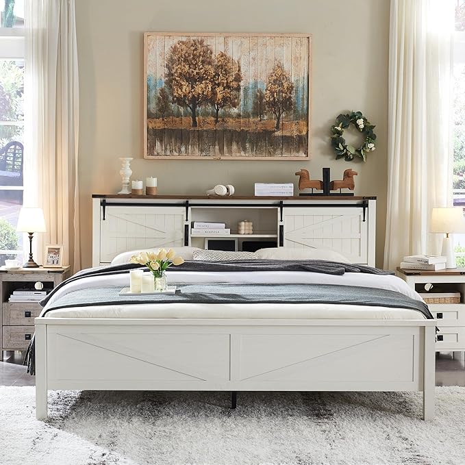 T4TREAM Farmhouse King Size Bed Frame w/Storage Bookcase Headboard, Sliding Barn Door, Charging Station, Rustic Wood Platform Bed w/Wood Slats Support, No Box Spring Needed, Antique Brush White