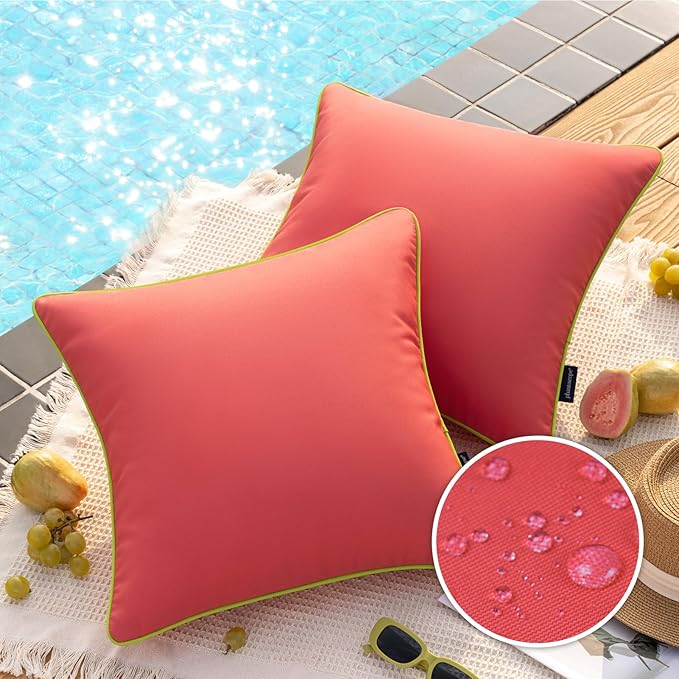 Phantoscope Pack of 2 Outdoor Waterproof Throw Pillow Covers with Contrast Piping, Decorative Square Cushion Case Patio Pillows for Couch Tent Sunbrella, Rose Pink 20x20 inches