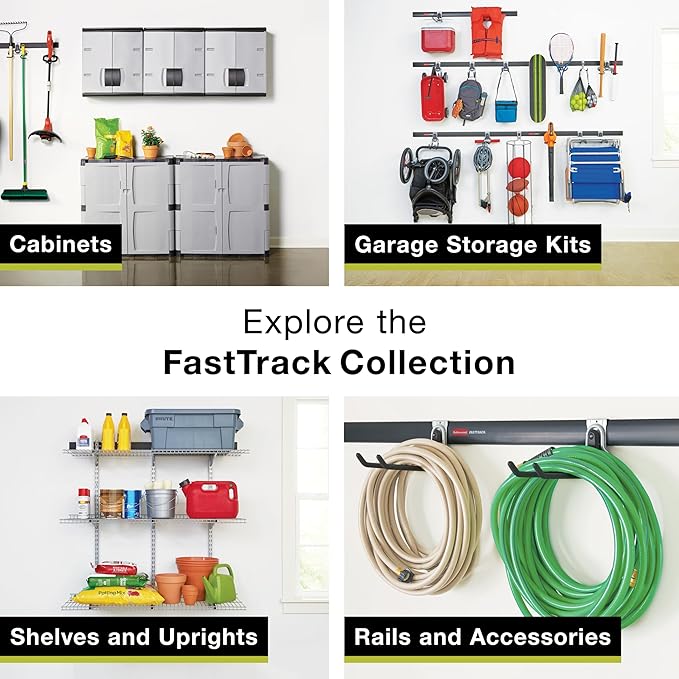 Rubbermaid Garage FastTrack 8-Piece Small Kit Black/Grey All-in-One Rail & Hook Wall Hanging Kit Wall Mounted Storage Solution for Home/Garage