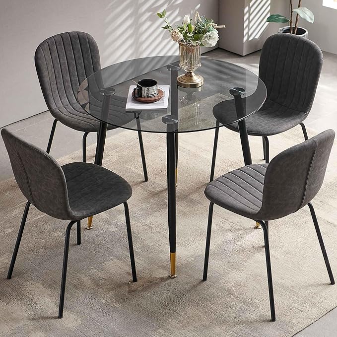 Glass Round Dining Table Set for 4, 35.43" Round Kitchen Table Transparent with 4 Upholstered Accent Chairs Space Saving Dining Chairs for Small Spaces