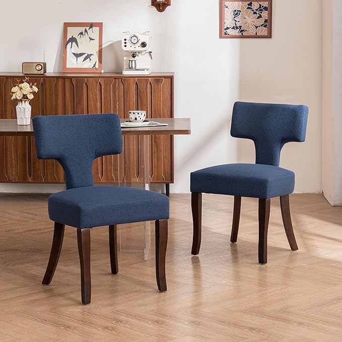 Mid Century Modern Dining Chairs Set of 4, Upholstered Side Dining Chairs with Curved Back Linen Fabric Armless Wood Chairs Kitchen & Dining Room Farmhouse Chairs (Blue)