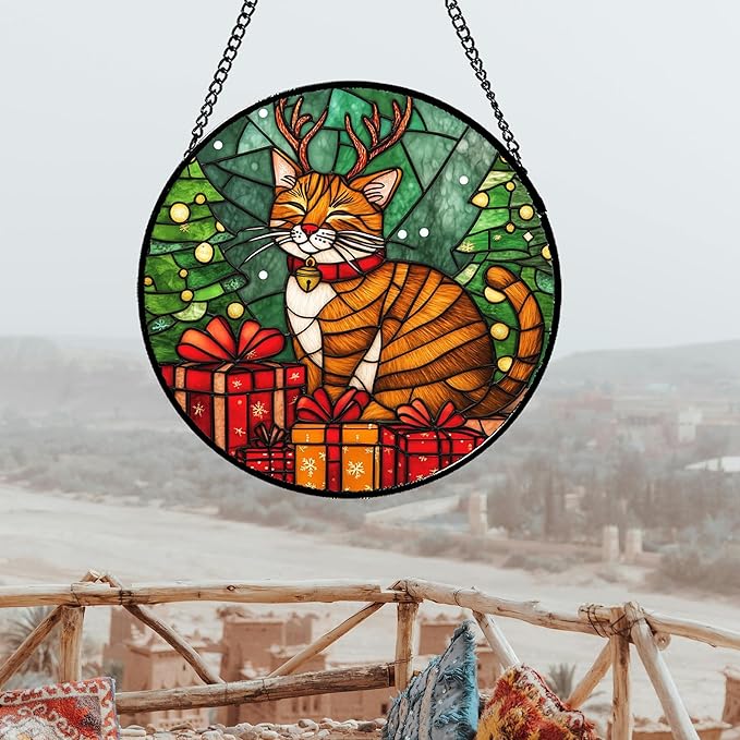 Stained Glass Window Hanging Orange Cat Elk Antler 9.8" - Suncatcher Door Garden Kitchen Sun Catcher Home Decor Birthday Gifts for Lost Pets Mom Men Woman Friend Grandma