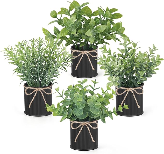 Mkono 4 Packs Small Fake Plants in Farmhouse Galvanized Pots Mini Potted Artificial Eucalyptus Plants for Halloween Decorations Shelf Office Bathroom Rustic Home Decor (Black)