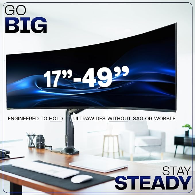 VIVO Aluminum Ultrawide Monitor Stand, Classic + USB, Fits up to 49 inch Screens, Single Articulating Pneumatic Arm, USB Ports, C-Clamp and Grommet Desk Mount, Max VESA 200x100, Black, STAND-V100HU