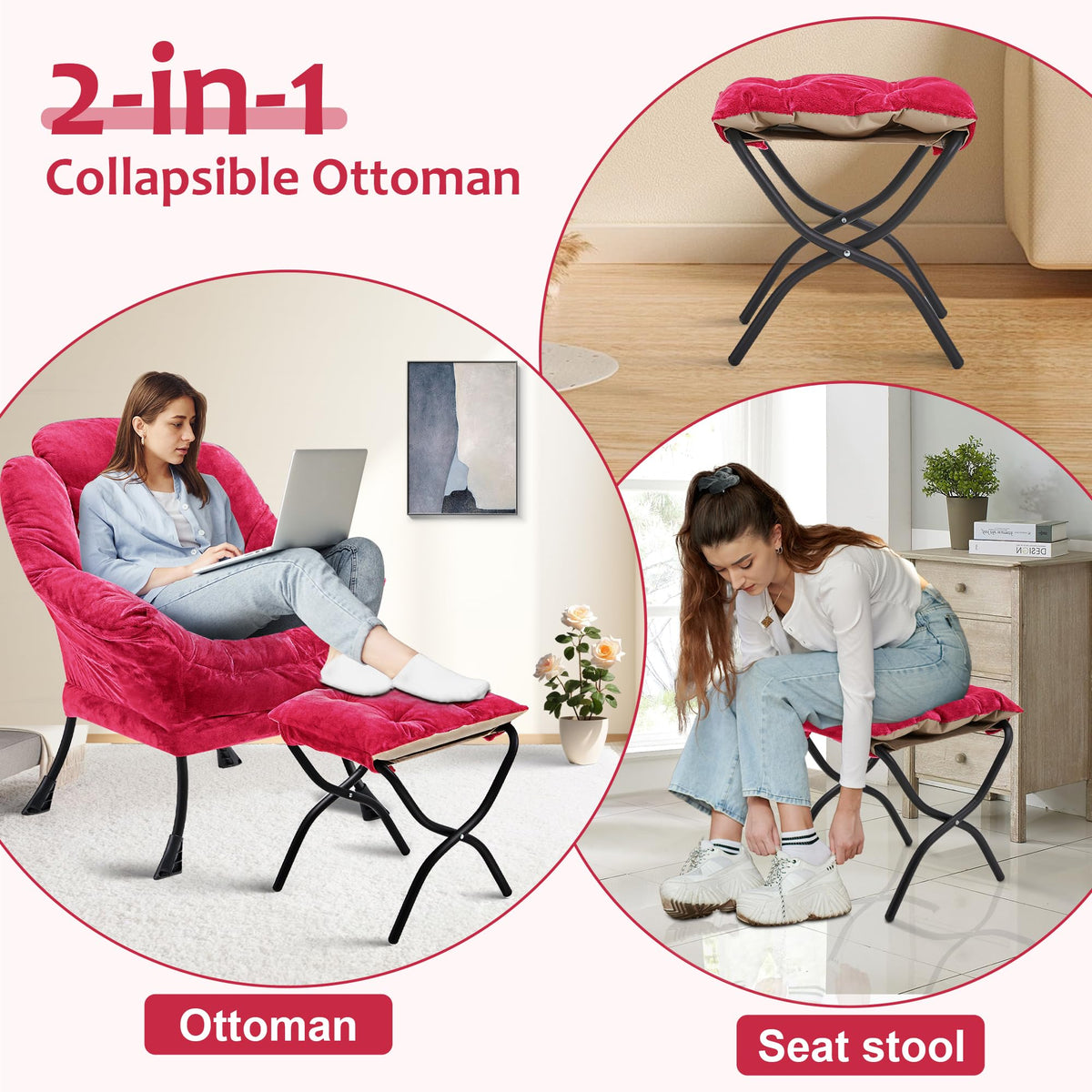 Halituny Fabric Lazy Chair with Ottoman, Oversized Upholstered Sofa Chair for Adults, Plush Comfy Lounge Chair with Large Side Storage Pocket, Reading Chair for Living Room, Bedroom, Office, Rose Red