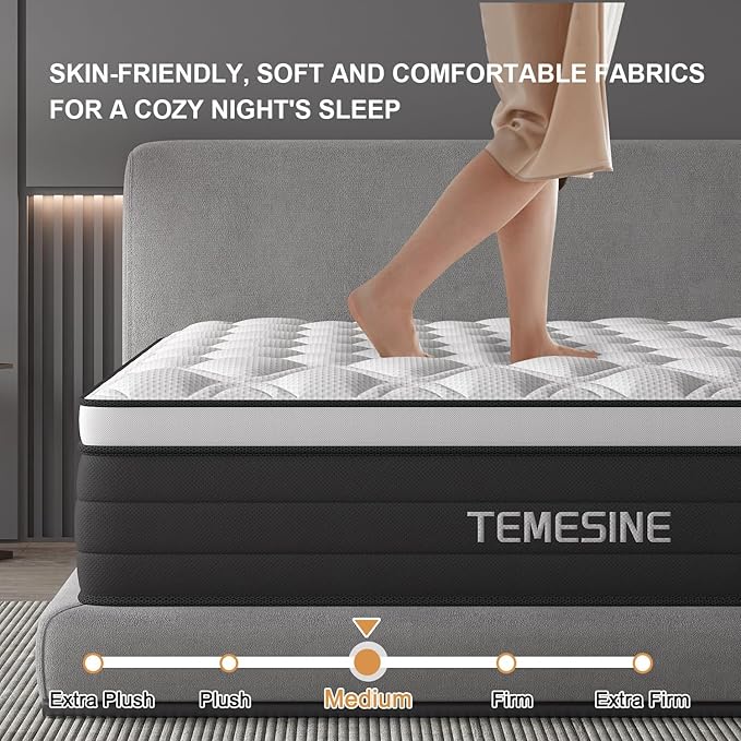 Queen Mattress, 14 Inch Hybrid Mattress in a Box with Individual Pocket Spring, Gel Memory Foam and Euro Top, Medium Firm Feel with Motion Isolation, Pressure Relief, Edge Support,Queen Size Black