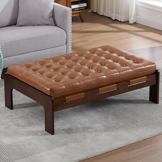 Kmax Coffee Table, 48 Inch Leather Ottoman Coffee Table Rectangular Upholstered Dark Wood Center Table Tufted Tea Table, Oversized Footrest Stool for Living Room - PU, Brown