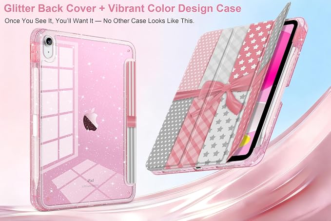 MEEgoodo Case for iPad A16 11th Generation 2025/10th Generation 2022 Glitter Tablet Cases with Transparent Acrylic Back+Trifold Stand +Pencil Holder+Auto Wake/SleepAbstract Sun &amp Palm Tree