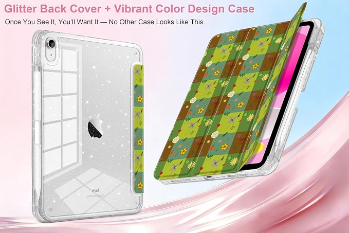 MEEgoodo Case for iPad A16 11th Generation 2025/10th Generation 2022 Glitter Tablet Cases with Transparent Acrylic Back+Trifold Stand +Pencil Holder+Auto Wake/SleepAbstract Sun &amp Palm Tree