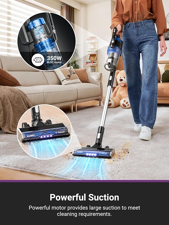 Eureka Stylus Elite NEC490BL Cordless Stick Vacuum, 350W Powerful Suction, Self-Emptying Station, 60-Min Runtime, Anti-Tangle Brushroll, 5-Layer HEPA Filtration, Ideal for Pet Hair&All Floor Types