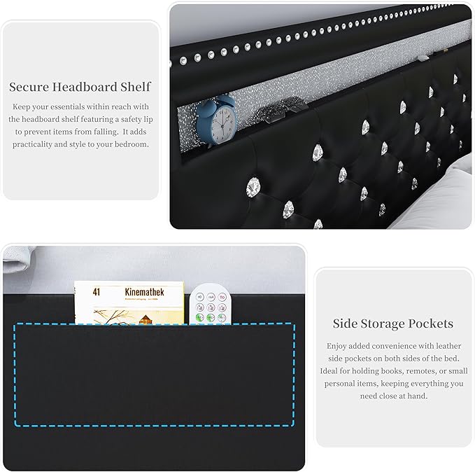 Queen Led Bed Frame with 2 Drawers, Heavy Duty Upholstered Platform Bed Frames Queen Size with Storage and Adjustable Crystal Button Tufted Headboard, No Box Spring Needed, Easy Assembly, PU Black