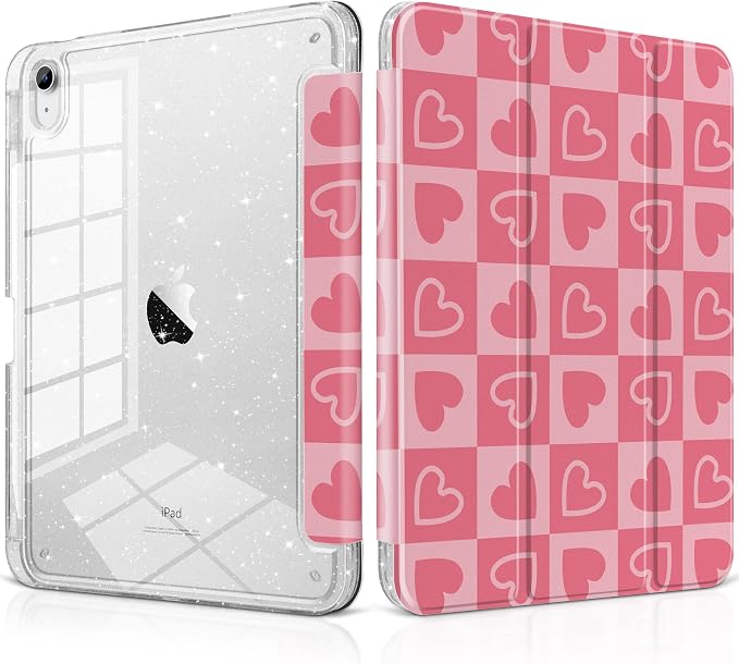 MEEgoodo Case for iPad A16 11th Generation 2025/10th Generation 2022 Glitter Tablet Cases with Transparent Acrylic Back+Trifold Stand +Pencil Holder+Auto Wake/SleepAbstract Sun &amp Palm Tree