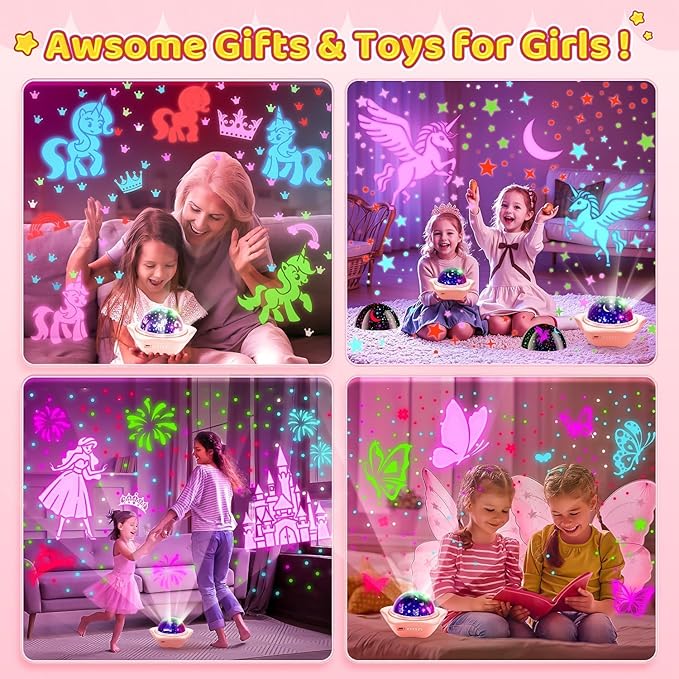 Onefire Girls Toys for Girl Gifts, 6 Films Light Projector Unicorn Toys for Girls Age 4-6, Rechargeable Night Lights for Bedroom, 360° Rotating Butterfly Decor Mermaid Gifts Princess Baby Toddler Toys