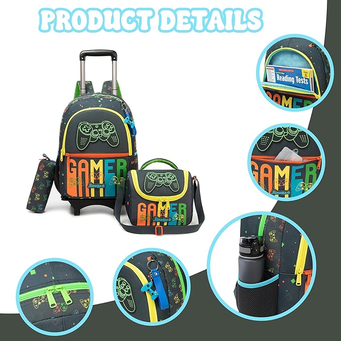 Rolling Backpack for Boys Backpack with Wheels for Kids Backpacks for Daycare with Lunch Box Pencil Case Roller Backpacks for Kids