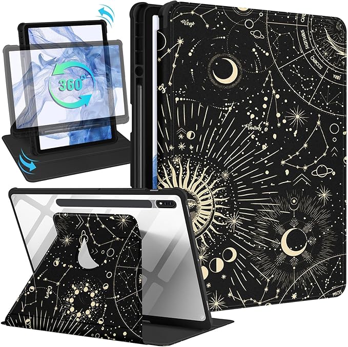 Wazzasoft for Samsung Galaxy Tab S7/S7 Plus/S8 Plus Case - 12.4 Inch Folio Cover with Pencil Holder - Women/Girl Cute Girly Black Flower Unique Design - Rotating Tablet Case