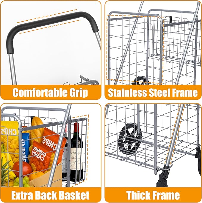 Whitmor Utility Folding Shopping Cart, 115L Heavy Duty Grocery Cart with Double Basket, 360° Swivel Wheels, Foldable Rolling Utility Trolley, 110 Lbs Capacity for Grocery, Laundry, Travel, Sliver
