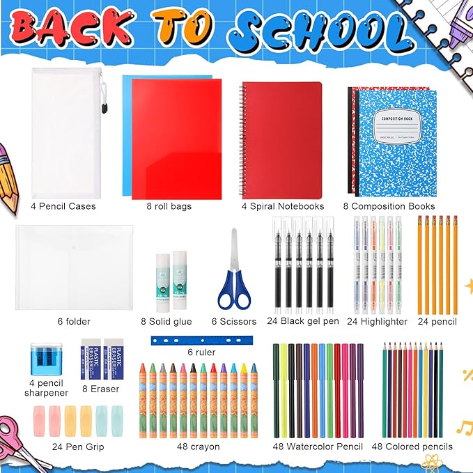 4 Set 2026 School Supplies Kit, 47 Pcs Per Set Back to School Supplies Primary Middle College Bundle Essential Stuff Bulk Pen Notebook Stationery for Kid Student Girl Teen Classroom Boy