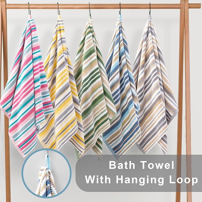 Cotton Towels Set of 3, 3PC Striped Towels - 100% Cotton & Quick Dry - 1 Soft Bath 28"x52", 1 Absorbent Hand 16"x27", 1 Lightweight Washcloth 13"x13", Tan Body Towel with Hanging loop, Gray + Beige
