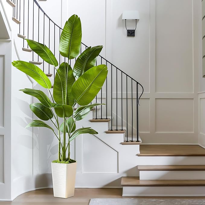 Bird of Paradise Artificial Plant, 6FT Faux Plants Indoor Banana Leaf Tree with 10 Leaves, Large Fake Tropical Potted Indoor Silk Floor Plant with White Tall Planter for House,Office,Room,Home Decor