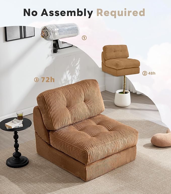 Tbfit Folding Sofa Bed, Convertible Sleeper Chair with Large Pillow, Corduroy Folding Couch Bed, Portable & Foldable Mattress Boneless Floor Sofa for Living Room, Bedroom, Office, Brown, Single