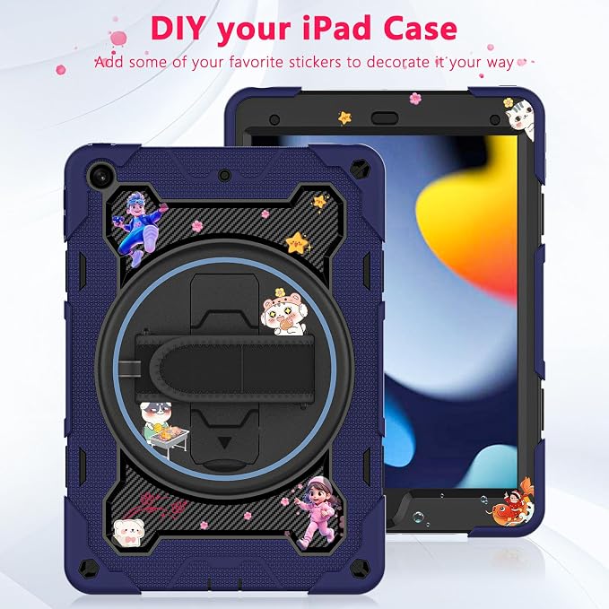 for iPad 9th 8th 7th Gen Case 10.2 inch with Screen Protector | 360° Rotating Kickstand Hand Strap Shoulder Strap Heavy Duty Military Grade - Kids Friendly