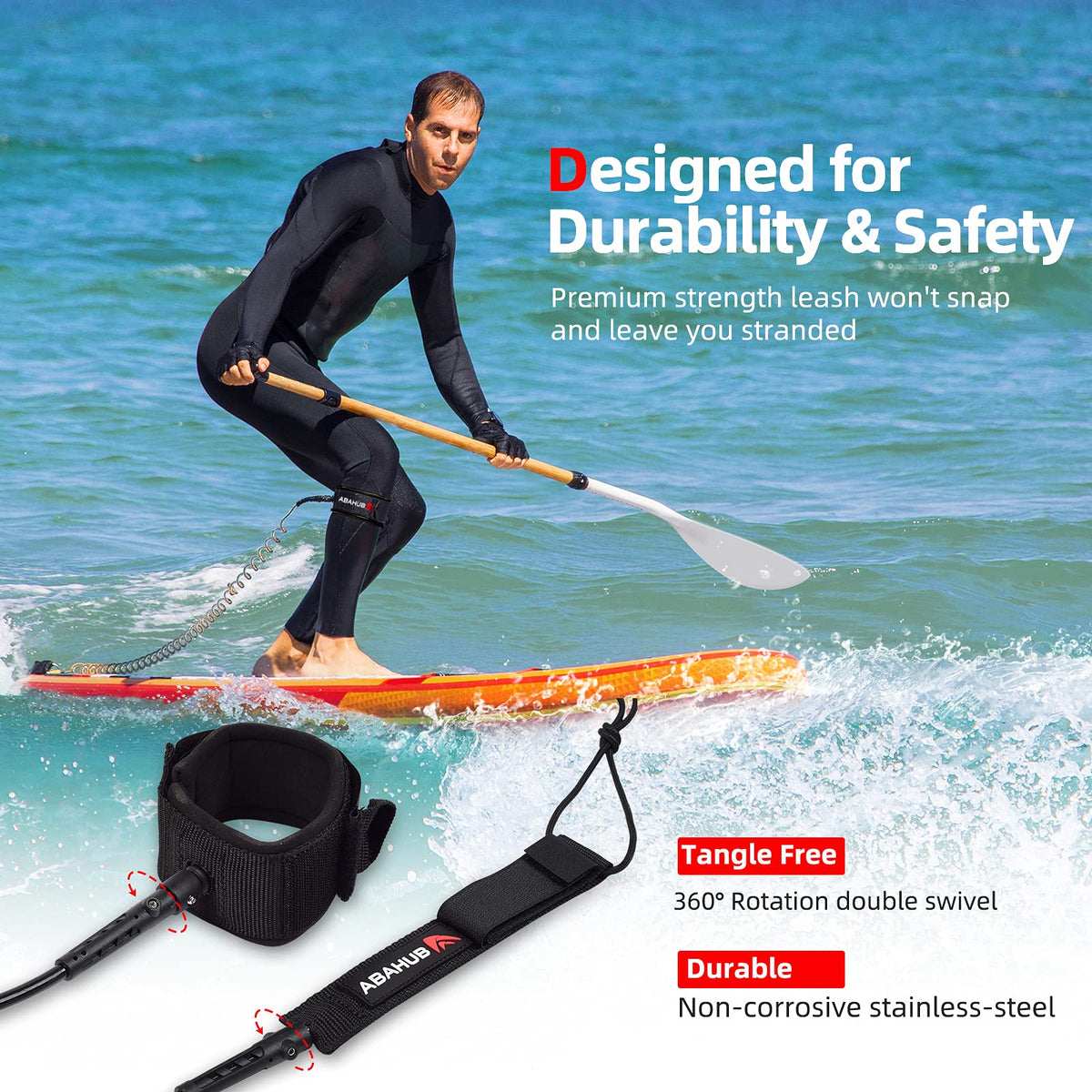 Abahub Coil SUP Leash,10 ft Coiled Paddle Board Leashes,7mm Legrope Strap