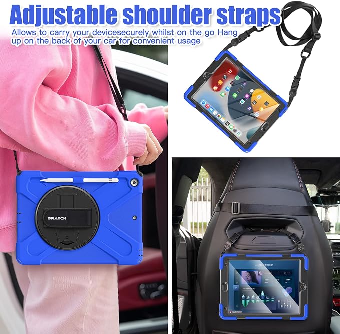 BRAECNstock Shockproof Case for iPad 9th/8th/7th Gen 10.2 Blue | All-in-1 Case Hand Strap &amp Stand Shoulder Straps Pencil Holder Screen Protector – For Office Commute &amp Presentation