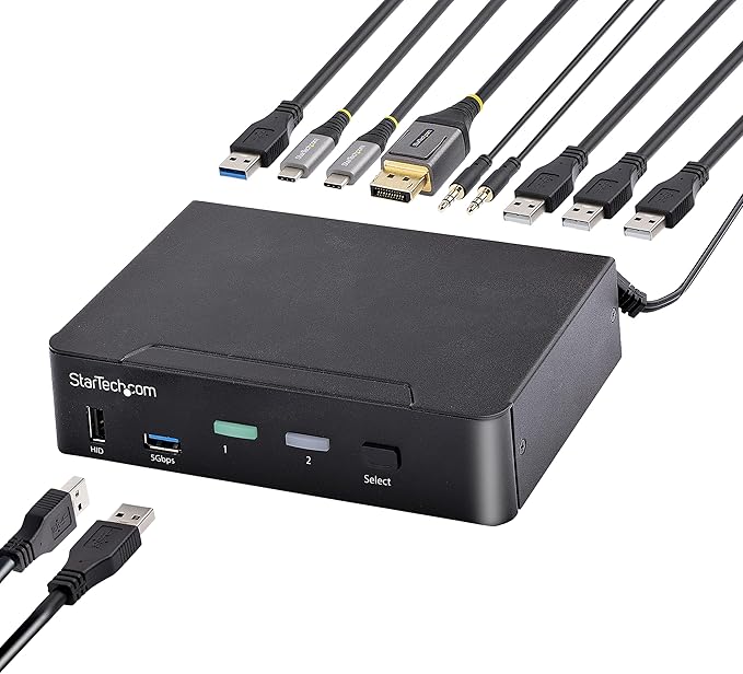 StarTech.com 2-Port USB-C KVM Switch, Single 4K 60Hz DisplayPort Monitor, 3.5mm Audio, 6X USB Hub Ports, Hot Key Switching, Thunderbolt 3/4 Compatible, TAA (SV231DPUCA)