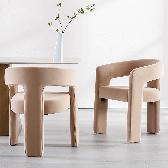 Modern Barrel Dining Chairs Set of 6, Velvet Upholstered Accent Side Chair with Arms Comfy Makeup Vanity Chairs, Dining Living Room Kitchen Chairs, Khaki