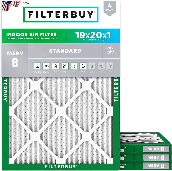 Filterbuy 19x20x1 Air Filter MERV 8 Essential Dust & Allergy Defense,