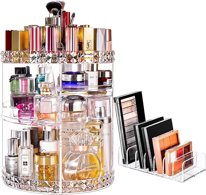 V-HANVER Makeup Organizer Combo - 360° Rotating Makeup Organizer with 7 Adjustable Layers Acrylic Skincare Organizer Large Cosmetic Display Case Clear Perfume Organizer with Makeup Palette Organizer