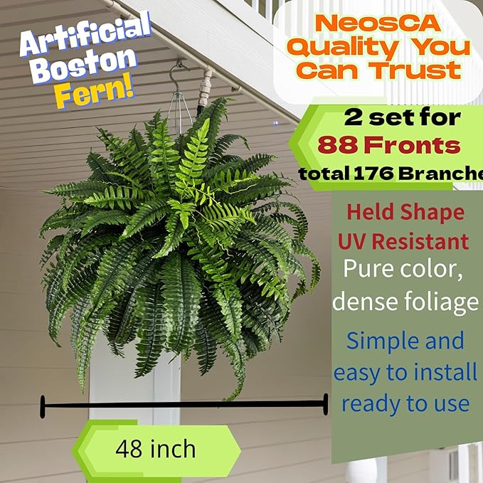 Giant Artificial Boston Ferns for Outdoors Large – UV Resistant Lifelike Faux Fern, Realistic Silk Greenery Plants Large Office, Home Decor, 2pack 88 Branches, 48 Inch Fake Fern Natural Green