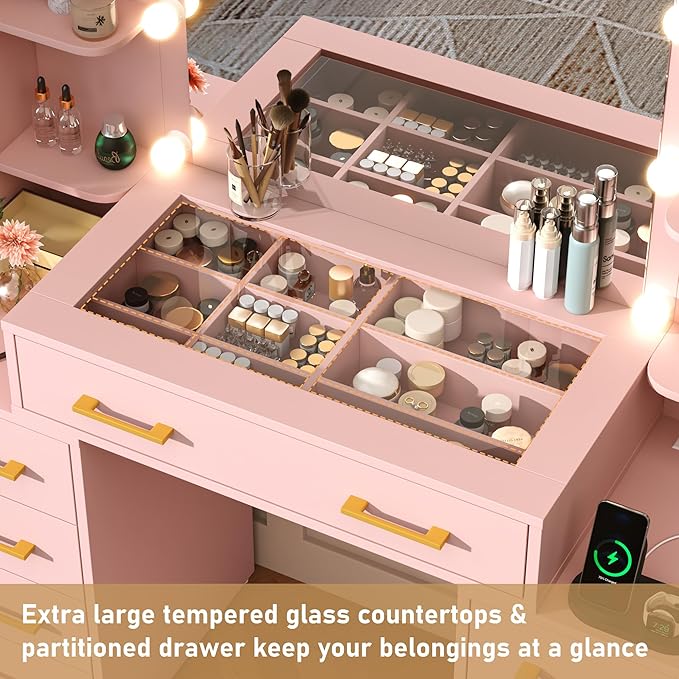 Glass Top Vanity Desk with Mirror and Lights, Large Vanity Makeup Mirror Desk with Charging Station Compartment Storage Drawers, Modern Makeup Vanity with 9 Drawers 6 Shelves, Pink