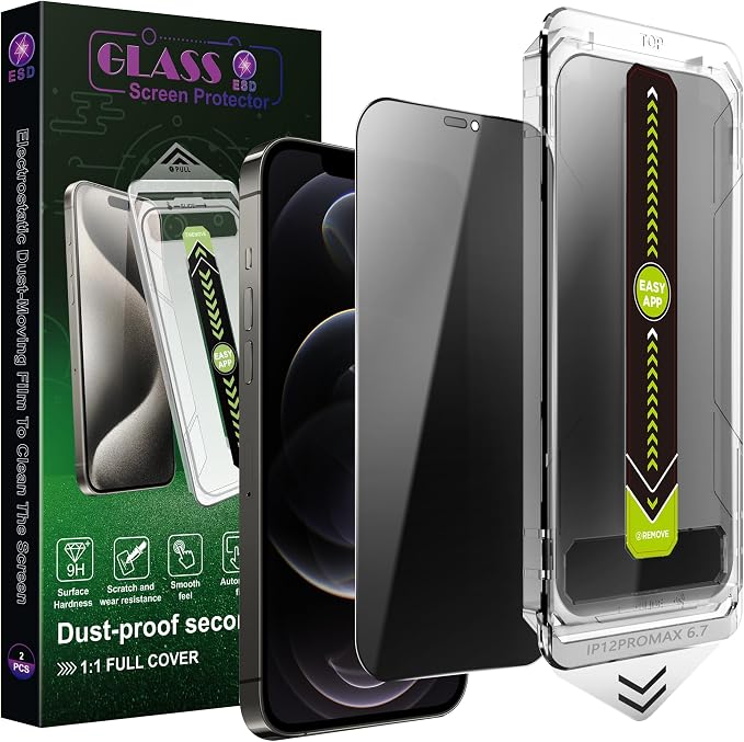 2 Pack Anti-Spy Privacy Screen Protector for iPhone 12 Pro Max(6.7-Inch)9H Tempered GlassFull CoverageAnti-FingerprintAuto Dust RemovalBubble-FreeEasy Installation
