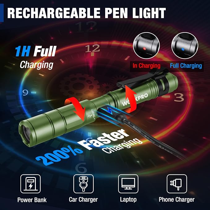 WORKPRO Rechargeable Pen Light 2 Pack Ultra-Compact EDC Flashlight Black | Mini Flashlight Pocket Flashlight with Clip Memory Function and 2 x USB C Cable Included