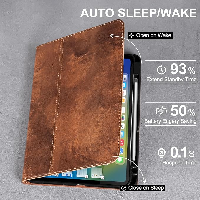 Leather Case for iPad (A16) 11th (11)/ 10th Generation (10.9) Full Grain LeatherProtective Smart Folio Cover with Pencil Holder Auto Sleep/WakeAnti Slip Black Silver