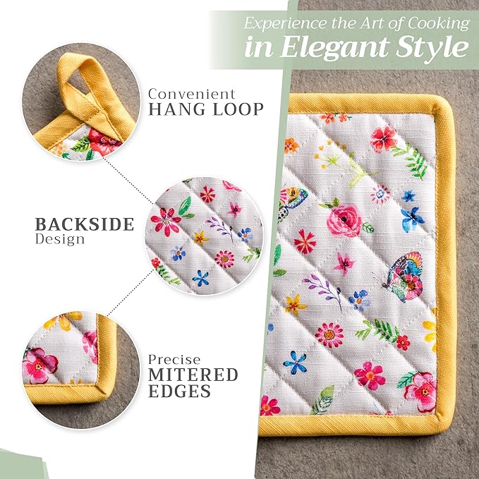 Maison d' Hermine 100% Cotton Oven Mitt & Pot Holder Set (7.5"x13" & 8"x8") Heat Resistant BBQ Cooking Gloves with Loop, Grilling, Kitchen, Handling Hot Pans Spring/Summer (Happy Florals - Sweety)