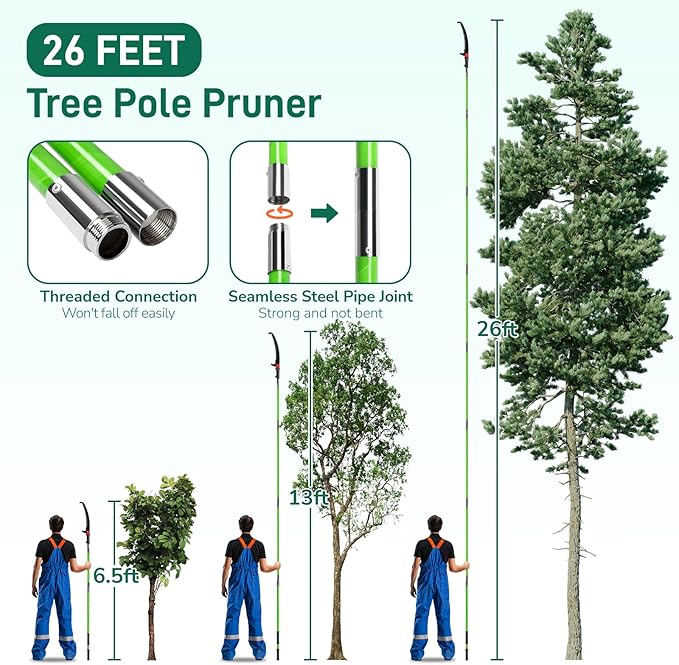 Outvita Manual Pole Saw, 26 Feet Extendable Tree Pruner with Knives and Storage Pocket, Sharp Steel Blade and Scissors High Branches Trimming for Pruning Palms and Shrubs