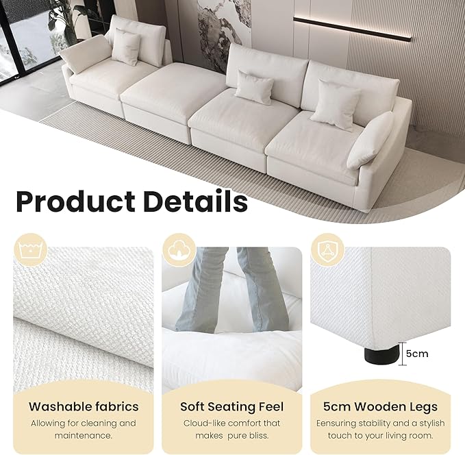 WJShome 120" Cloud Couch Sectional for Living Room, L Shape Down Filled Modular Sectional Sofa,Convertible Couch with Ottoman, Sofa Covers Washable&Replaceable,White