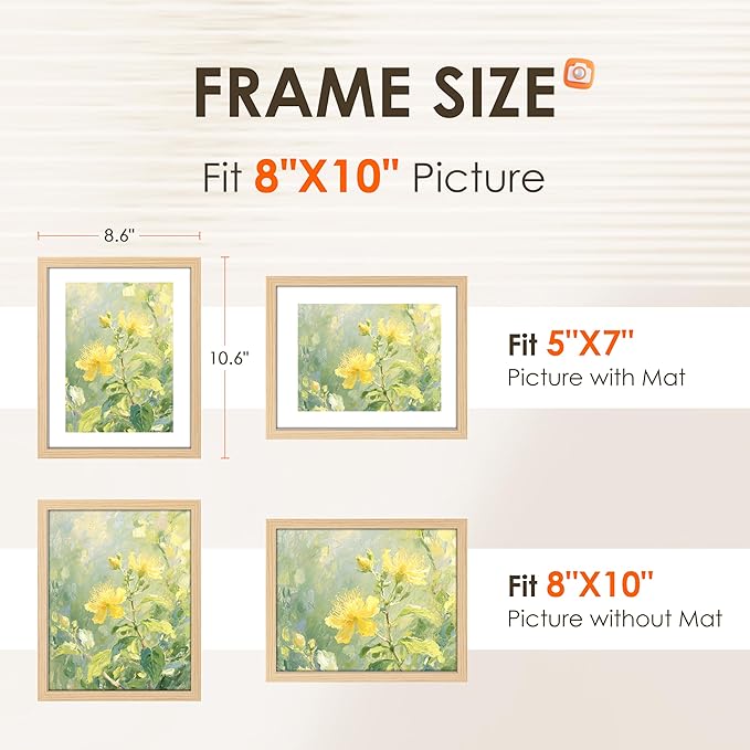 FIXSMITH 8x10 Picture Frame Set of 2, Photo Frame with HD Plexiglass, Display Pictures 5x7 with Mat or 8x10 Without Mat Multi Picture Frames Collage for Tabletop or Wall Display, Natural