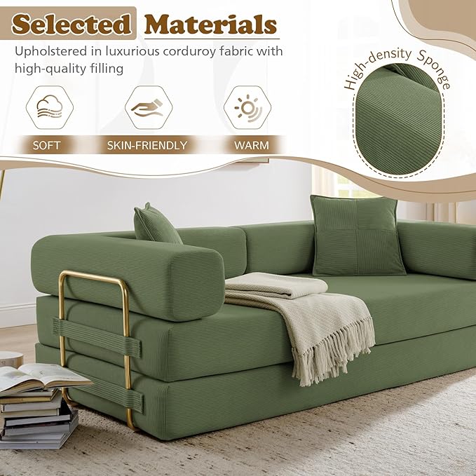 Antetek Convertible Futon Sofa Bed, 3-Seater Modern Corduroy Foam Floor King Size Bed Fold Out Sleeper Lounge Loveseat Sofa Couch with 2 Throw Pillows for Living Room Bedroom Guest Room, Army Green