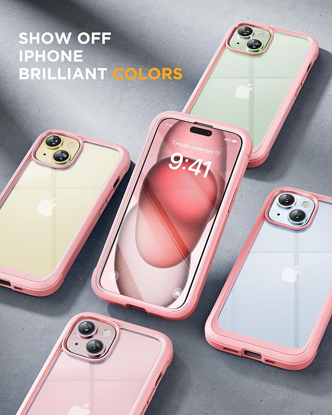 Miracase Glass Series Designed for iPhone 15 Plus Case 6.7',Full-Body Military Drop Proof 15 Plus Phone Case Cover with Built-in 9H Tempered Glass Screen Protector,Pink