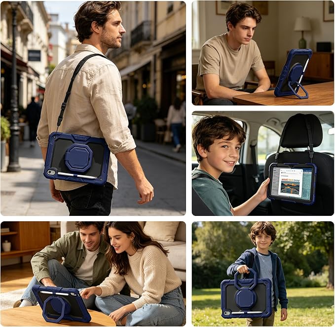 Case for iPad (A16) 11th/10th Generation 11/10.9 2025/2022 Black | Full-body Heavy Duty iPad A16 Case for Adults Kids with Screen Protector 360° Rotating Stand Shoulder Strap Pencil Holder