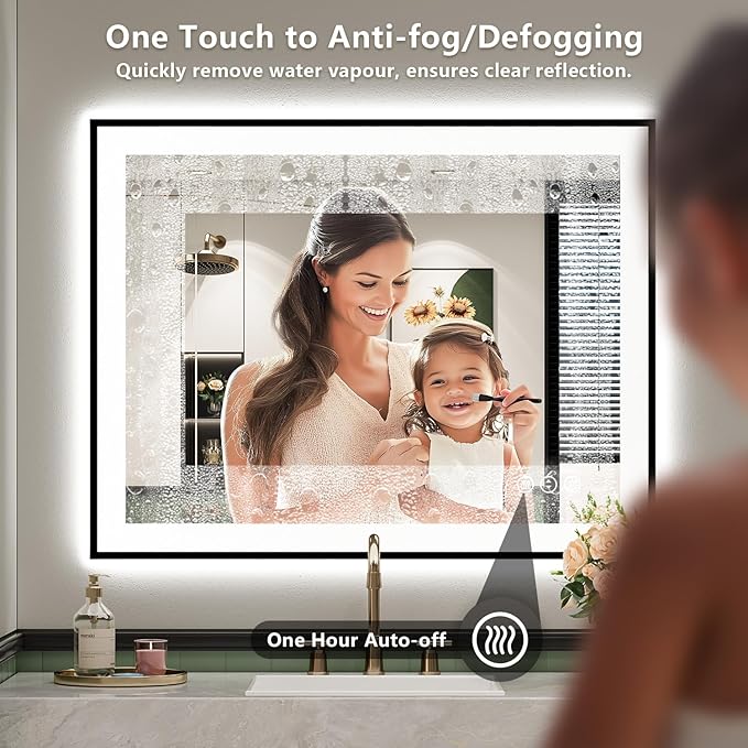 YEELAIT 32x36 Inch LED Bathroom Mirror with Lights (Front Lit and Backlit) Black Framed Lighted Vanity Mirror for Bathroom Wall Dimmable Anti-Fog Memory Tempered Glass Horizontal/Vertical