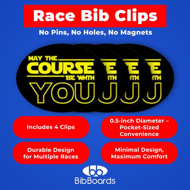 bibSNAPS Race Bib Clips - Safety Fasteners, Secures Running, Marathon, Cycling & Event Number, Non Magnetic, Easy to Use, Snap & Lock, Replacement for Pins & Magnets, May The Course Be W/ You(4pcs)
